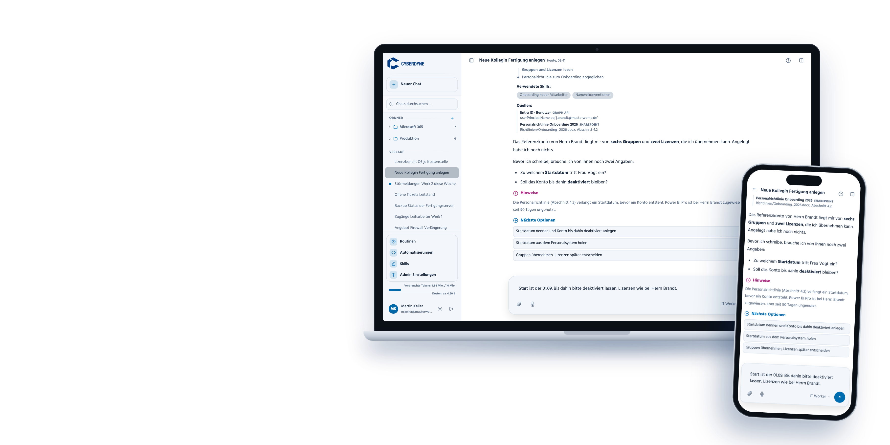 CompanyAI Works auf Laptop und Smartphone: Portal mit einem Onboarding-Auftrag für eine neue Kollegin